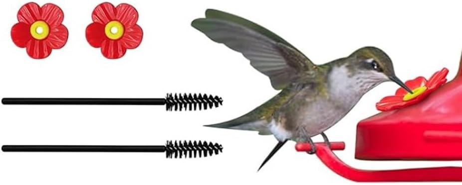 20pcs Red Hummingbird Feeder Replacement Flowers, 3cm Plastic Bird Feeder Replacement Parts Feeding Ports Bee Guards for Hummingbird Feeders, with 2 Cleaning Brush