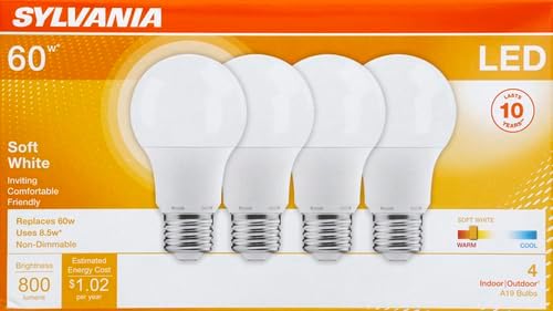 Sylvania LED Light Bulb, 60W Equivalent A19, Efficient 8.5W, Medium Base, Frosted Finish, 800 Lumens, Soft White - 4 Pack (73888)