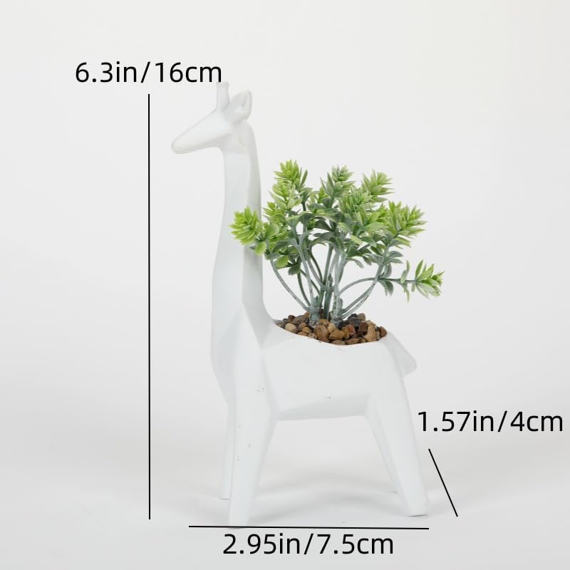 A beautiful minimalist geometric animal simulation potted plant sculpture. This is an ideal creative and unique decoration item, suitable for both home and office use. (White giraffe figurine)