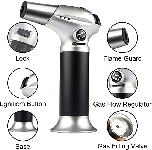 Blow Torch, Home-Grade Kitchen Cooking Torch with Lock Adjustable Flame Refillable Mini Blow Torch Lighter for BBQ, Baking, Brulee Creme,Light Cooking Tasks,DIY Soldering (Butane Gas Excluded)