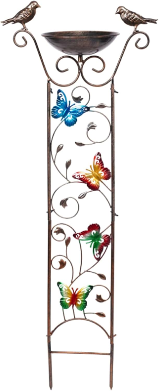 Bird Feeder Stand Bird Bath with Garden Trellis 2-in-1 Metal Bird Water Feeder with Decorative Butterfly Detachable Free Standing Bird Water Dispenser Standing Bird Feeder