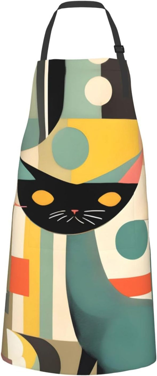 Mid-Century Modern Art Cat print Waterproof apron with pocket adjustable cooking apron for adult kitchen bibs to bake