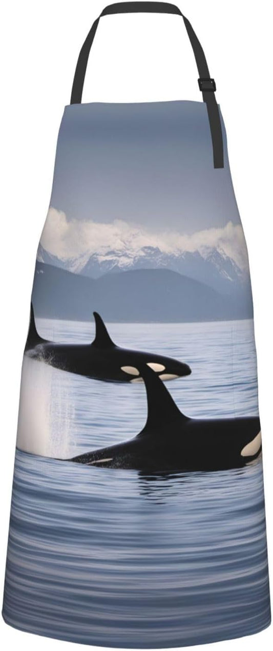 Killer Whales Swim Along print Waterproof chef's apron with pocket apron for kitchen cooking baking barbecue and gardening