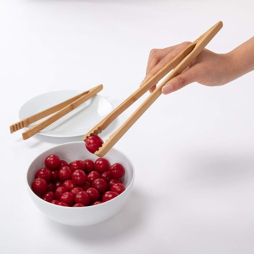 2 Pieces Bamboo Toast Tongs, 10.2 Inches Long Wood Toaster Tongs with Anti-slip Design, Tongs for Cooking with Cooking Oil Coating