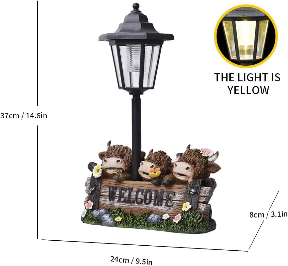 Retro street Highland cow light statue, cute and warm three cows welcome sign decoration, lighting function home decoration item, suitable for placement at the entrance of the courtyard or garden.