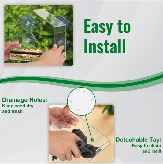 Window Bird Feeder with Strong Suction Cups for Outdoor Bird Watching, Sturdy Durable with Dual Detachable Seed & Water Trays, Easy Clean & Refill, Gift for Mom Bird