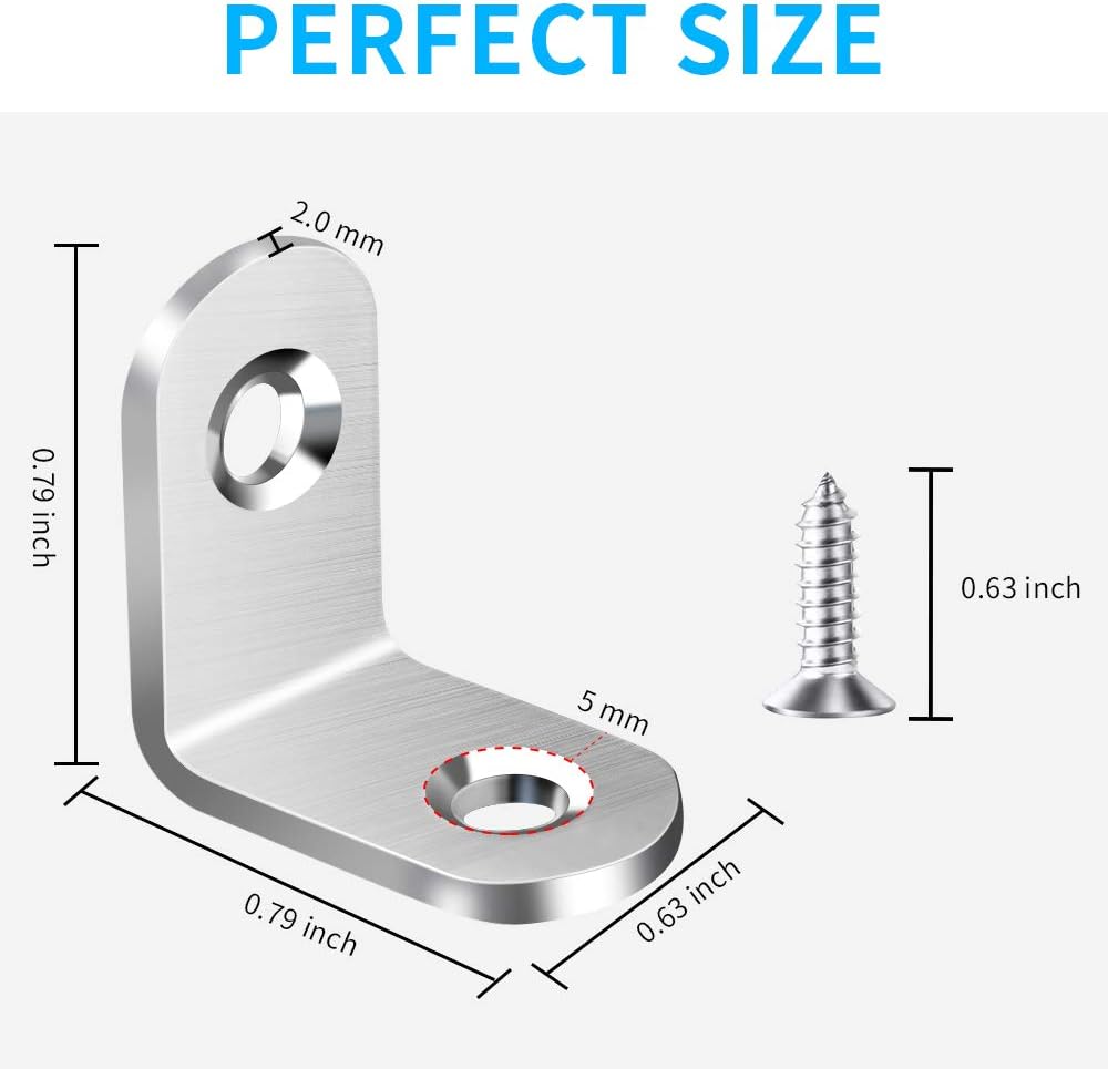 40PCS L Bracket Corner Brace, Stainless Steel L Brackets for Shelves, Metal Corner Bracket, Small Right Angle Brackets for Wood Furniture Chair Drawer Cabinet with 80PCS Screws (0.79 x 0.79 inch)