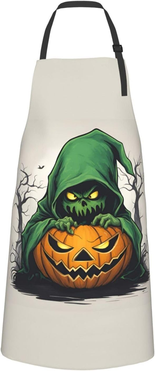 Green Ghost Horror Halloween Pumpkin 1 print Waterproof chef's apron with pocket apron for kitchen cooking baking barbecue and gardening