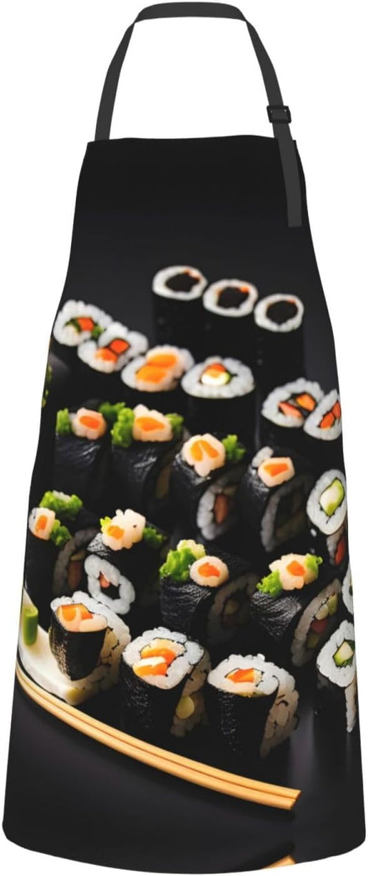 Japanese Sushi Black print Waterproof apron with pocket adjustable cooking apron for adult kitchen bibs to bake