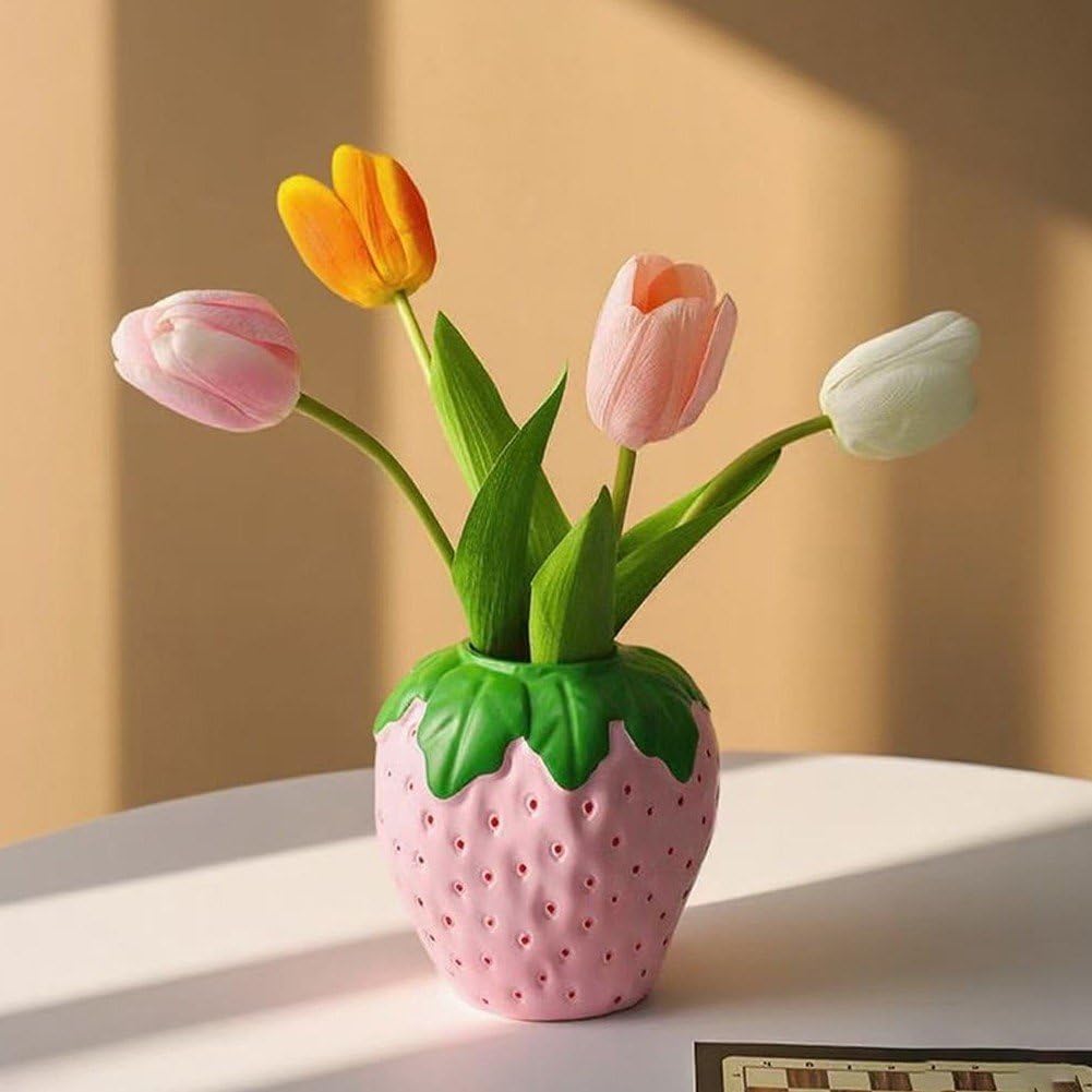 Strawberry Vase for Flowers, Decorative Fruit Vase, Strawberry Shaped Planter Pot with Green Leaves for Table Centerpiece, Spring Home Kitchen Decor