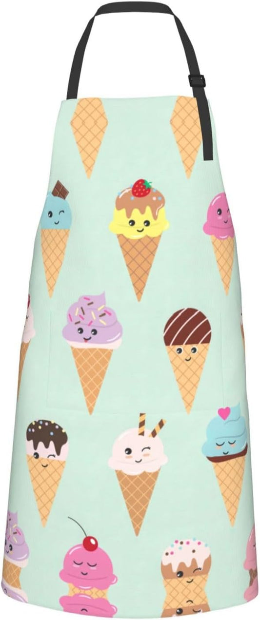Ice Cream Cones Print 28x33 In Adult Kitchen Apron with Pockets Versatile Chef Smock for Cooking Baking
