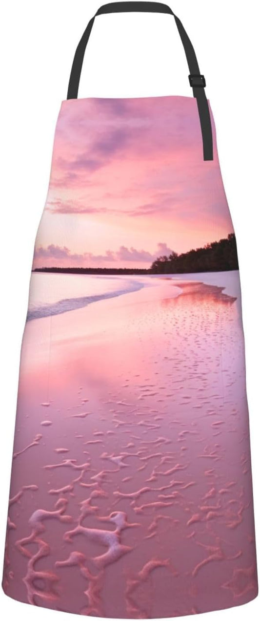 Pink Beach print Waterproof apron with pocket adjustable cooking apron for adult kitchen bibs to bake