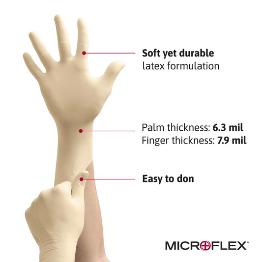 Ansell MICROFLEX Diamond Grip MF-300 Disposable Latex Gloves for Automotive, Healthcare, Machinery Industries - Med, Natural (Box of 100)
