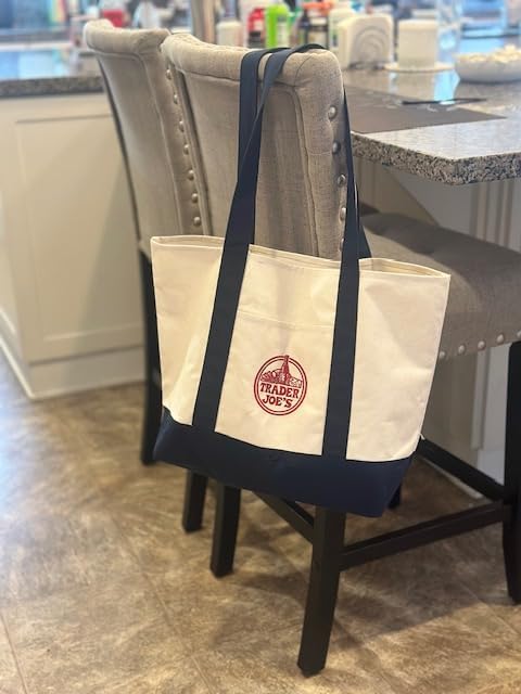 EXZMA Trader Joes Large Tote Shopping Bag Cotton Canvas Embroidered Bag (1), Navy Blue