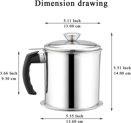 Kyraton Bacon Grease Container With Strainer, 48 oz Stainless Steel Oil Container, Pot Fat Storage With Lid, Easy Grip Handle Suitable For Storing Frying Oil And Cooking Grease 1. Silver