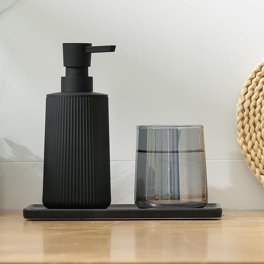 Small Soap Dispenser for Bathroom and Kitchen, Modern Farmhouse Striped Style Plastic Hand Soap Dish Soap Dispenser with Pump Matte Black