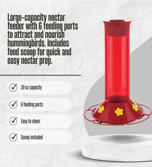 Perky-Pet Hummingbird 30 oz Plastic Nectar Bird Feeder 6 Ports Bundle with Pet Food Scoop – Wide-Mouth Design for Easy Filling, Red Base with Yellow Accents, 6 Feeding Stations – Gift Set (2 Items).