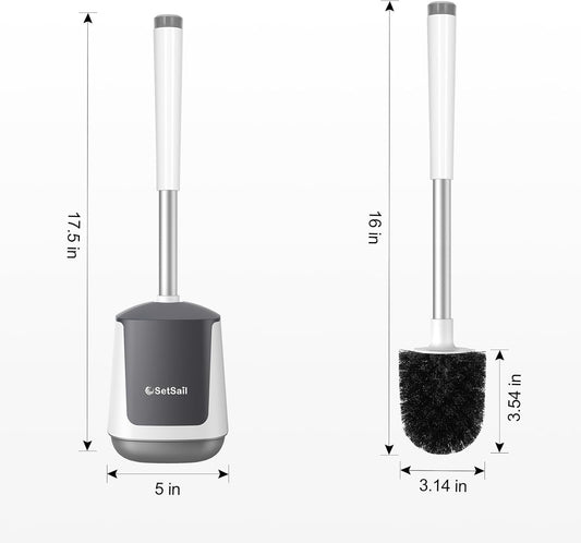 SetSail Toilet Brush and Holder, Self Closing Lid Toilet Bowl Brushes Holder and Extra Long Handle Ventilated Toilet Brush Set for Bathroom Cleaning, Nylon Bristles, White & Grey
