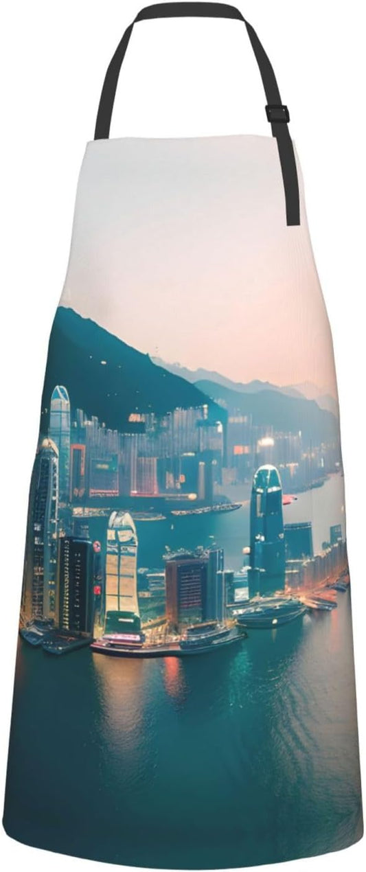 Hong Kong Print Laundry apron 28x33 In Waterproof Kitchen Apron with Pockets for Cooking Baking