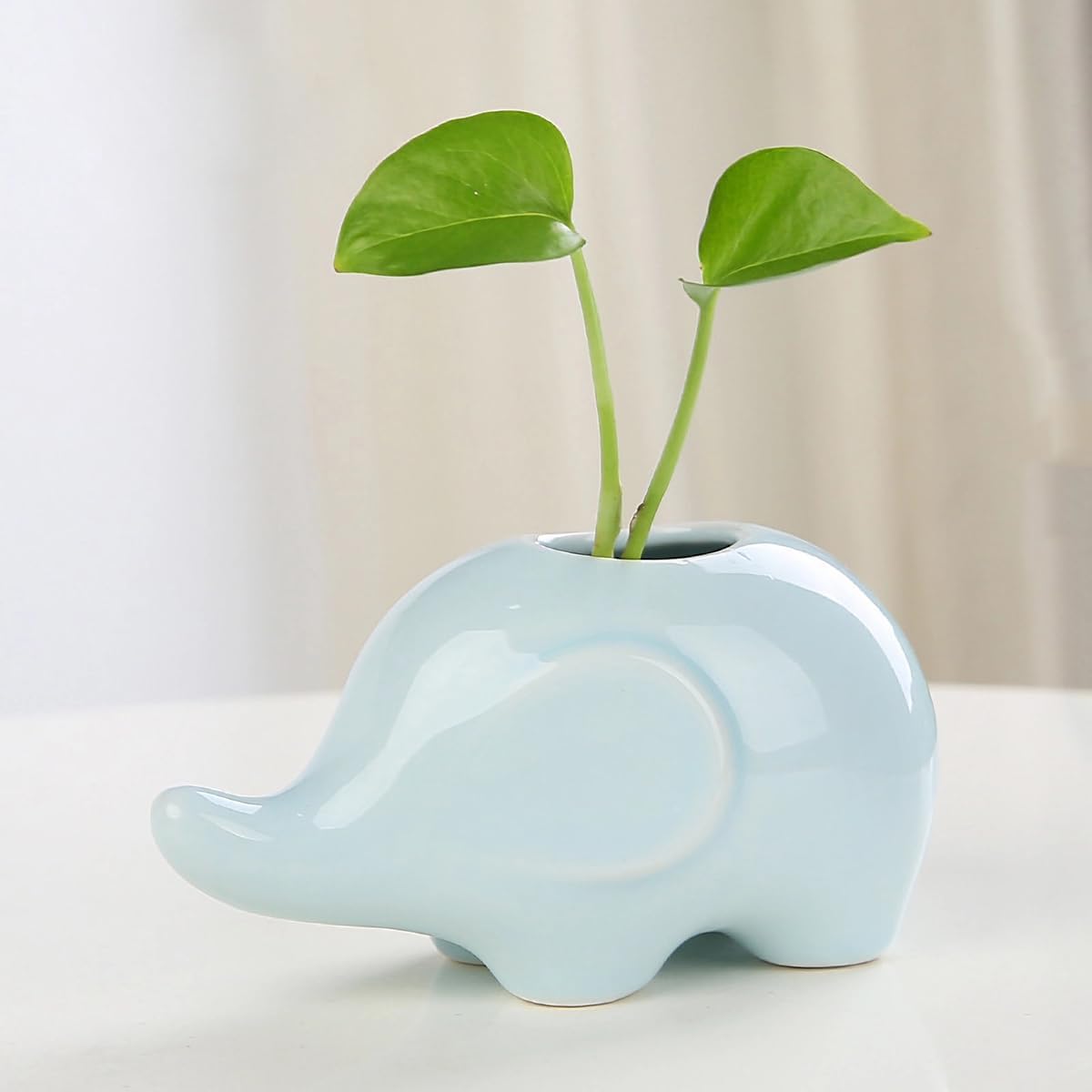 GeLive Cute Elephant Pen Pencil Holder Ceramic Desk Fidget Decor Organizer Mini Hydroponic Vase Small Air Plant Pot Succulent Planter Tabletop Craft Ornament Light Greenish Blue
