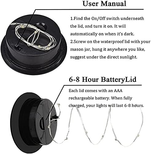 Miaro 8 Pack Mason Jar Lights, 20 LED Solar Colorful Fairy String Lights Lids Insert for Garden Deck Patio Party Wedding Christmas Decorative Lighting Fit for Regular Mouth Jars