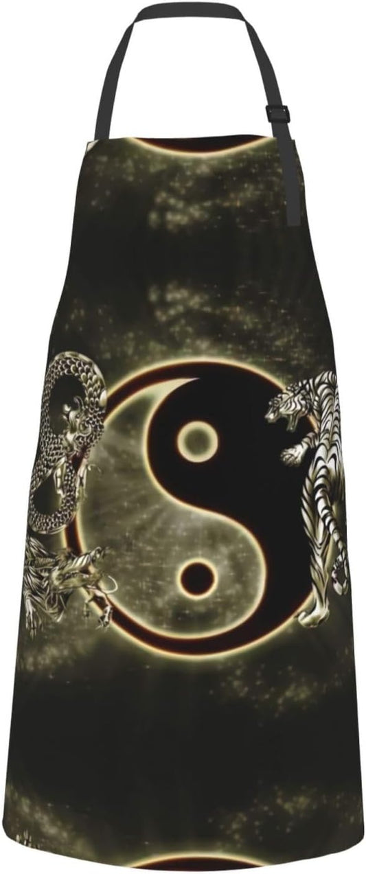 yin yang Dragon Tiger Print 28x33 In Adult Kitchen Apron with Pockets Versatile Chef Smock for Cooking Baking