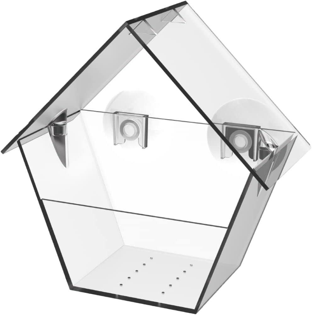 Esschert Design FB458 Clear Acrylic A-Frame House-Shape Window Mounted Bird Feeder, 2 Suction Cups