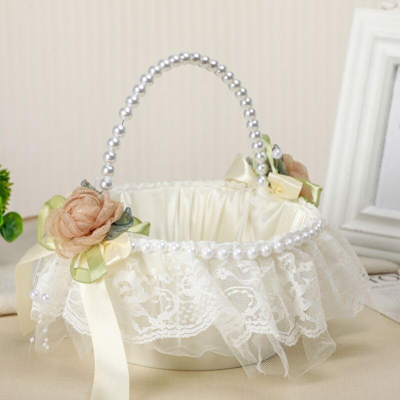 Wedding Flower Girl Basket with Pearl Handle,Satin Flower Storage Basket for Wedding Home Garden Decor (5852, 1)