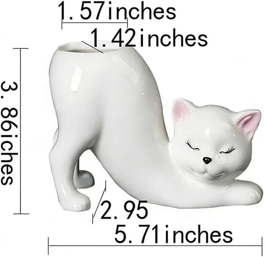 White Ceramic Cat Vase Planter – Modern Animal Home Décor Flower Pot,