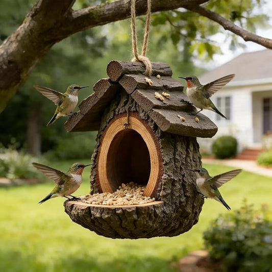 Vintage Treehouse Bird Feeder - Waterproof Resin, Tree-Mounted with Seed Tray, Outdoor Garden Decor Sculpture