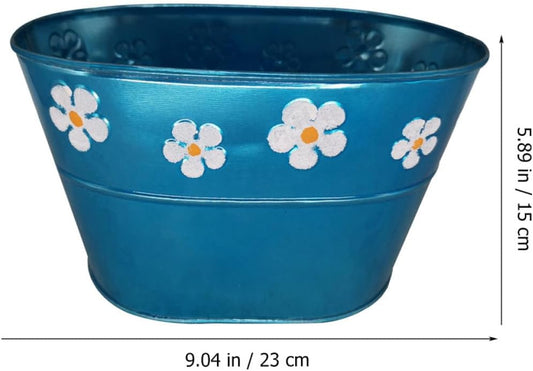 BESTOYARD Vintage Blue Floral Embossed Iron Flower Bucket with Handle