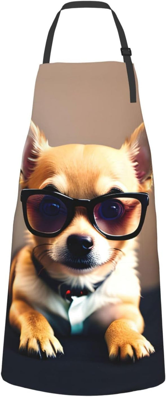 Chihuahua Dog Glasses 1 print Waterproof chef's apron with pocket apron for kitchen cooking baking barbecue and gardening