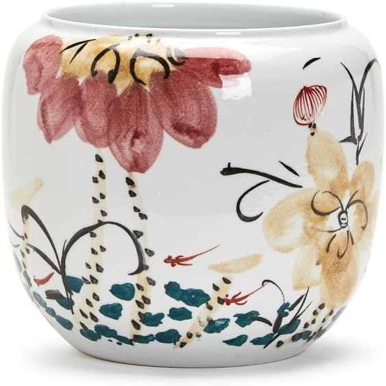 Two's Company Japanese Flower Blossoms Planter- Hand-Painted Porcelain, 9-Inch, White, Made of Porcelain