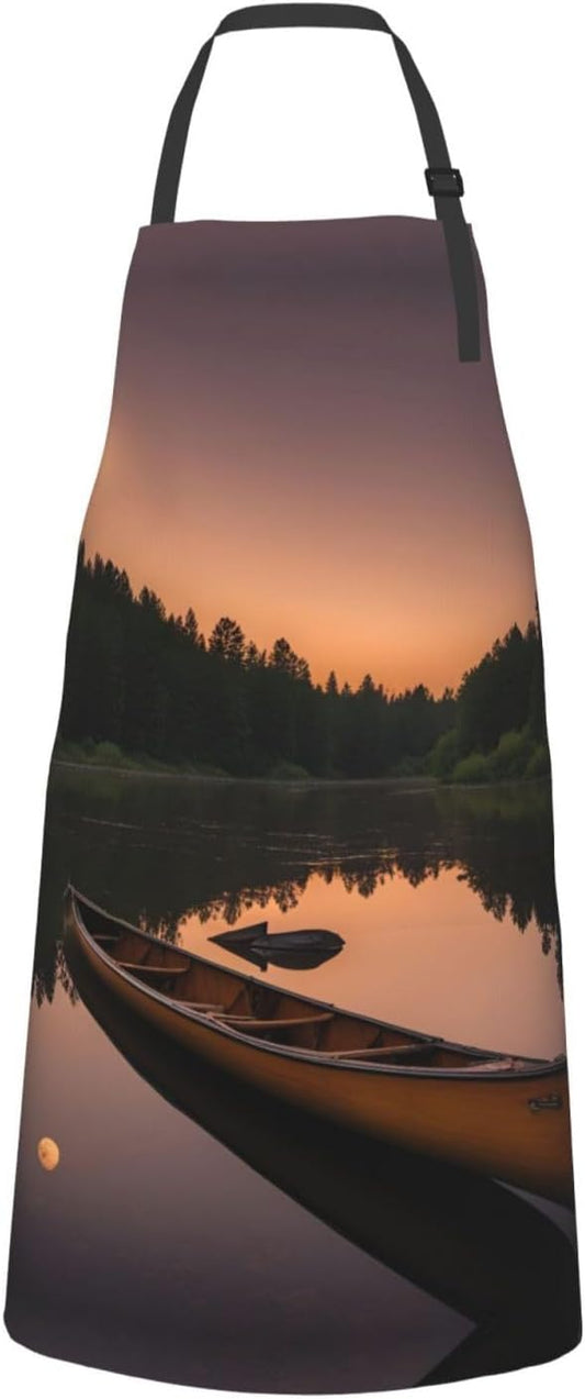 Moonlit Canoe Allagash River print Waterproof chef's apron with pocket apron for kitchen cooking baking barbecue and gardening