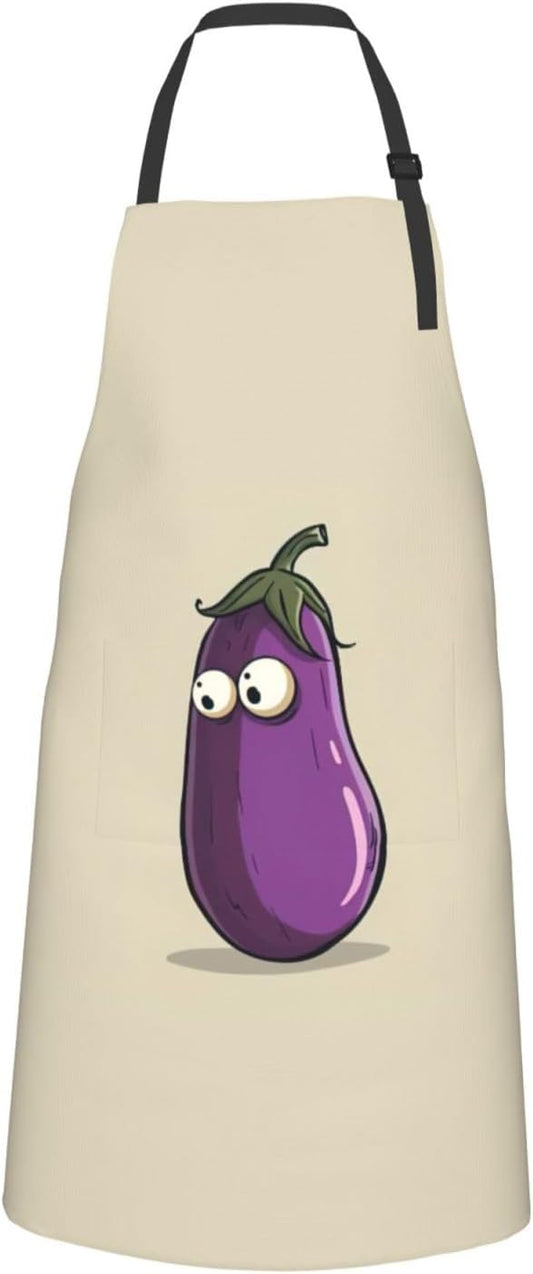 Cartoon Eggplant print Waterproof chef's apron with pocket apron for kitchen cooking baking barbecue and gardening