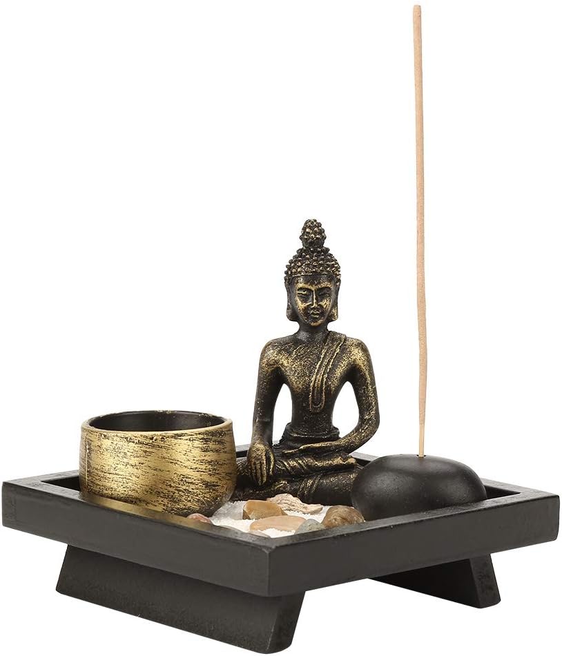 Desktop Zen Garden Kit, Mini Buddha Statue Tealight Candle Holder Ornament for Yoga Meditation Home Table Decor Gift