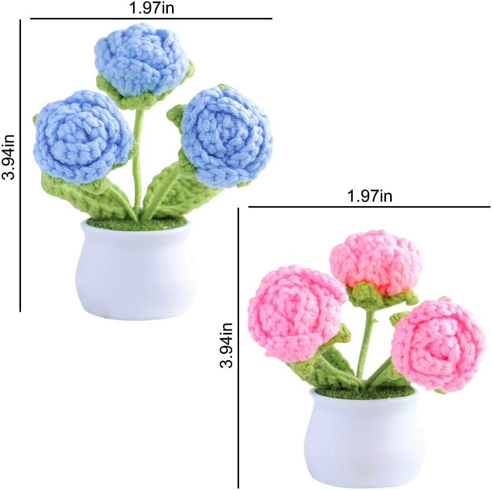 Mini Potted Artificial Crochet Rose Flower with White Pot,2Pcs Hand-Kn