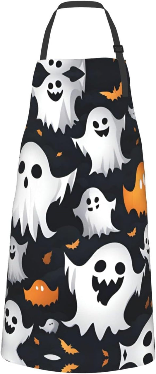 Cute White Ghost Halloween Pattern print Waterproof chef's apron with pocket apron for kitchen cooking baking barbecue and gardening