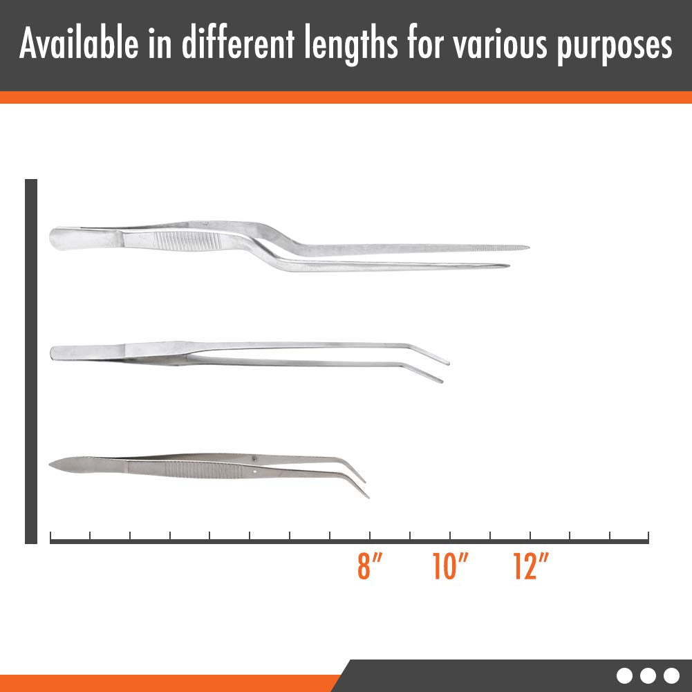 12 Inch Tweezers Stainless Steel Curved Serrated Tip, Multipurpose Handle Cooking Tweezer Tongs, Reptile Feeding Precision Aquascaping, Repairing Garden Craft Tool