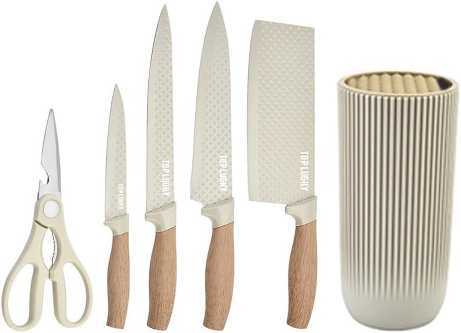 Knife Set, Wiztoynia 6-Piece Khaki Kitchen Knife Set for Home, Anti-Rust Non-stick Stainless Steel Sharp Chef Knife Sets with Universal Knife Block for Kitchen, Ergonomical Design (Khaki)