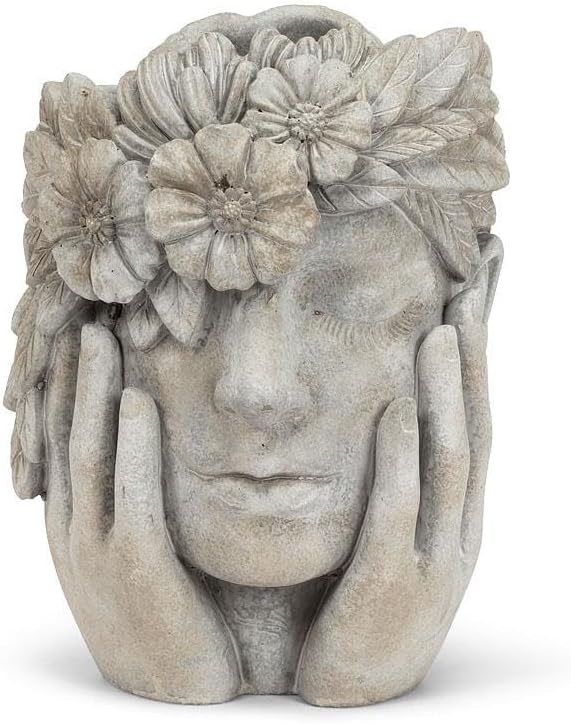 Abbott Collection Woman with Flower Halo Planter - Cement, Grey, 9.5" H (5" D Opening)