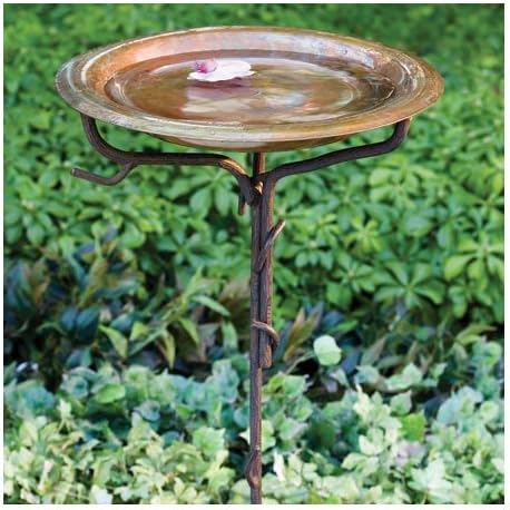 Ancient Graffiti Solid Copper Birdbath with Iron Twig Stake