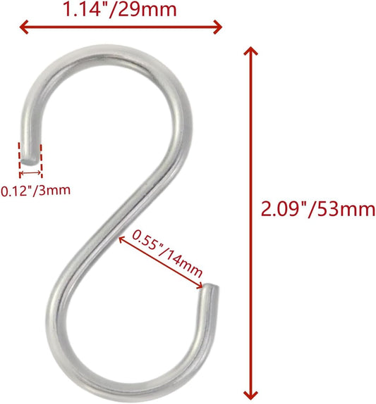12 Pcs Small S Hooks for Hanging Heavy Duty,2 Inch Small Thick S Hooks for Hammocks, Plants, Chain Hardware, Bird Feeders, Garden Tools, Pots, Pans, Stainless Steel Silver