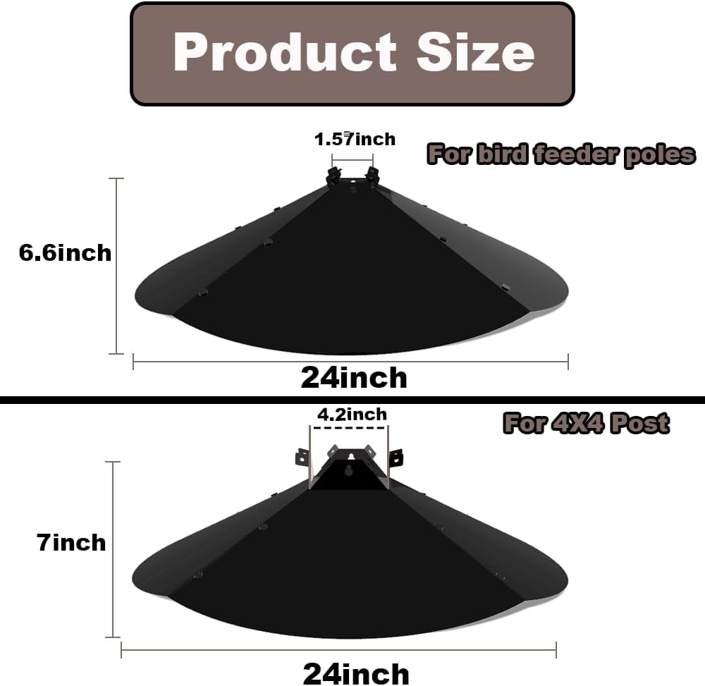 24 Inch Metal Squirrel Baffle,Adjustable Opening Size, for Up to 4x4 Wide Wooden Post,Squirrel Baffle for Bird Feeders Without Removing Bird Feeder Poles Or Shepherd's Hooks.Deep Black 1Pack