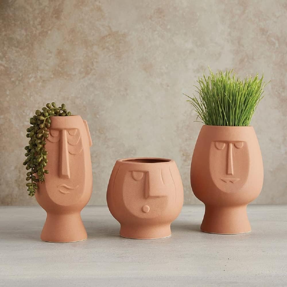 47th & Main Modern Ceramic Wide Face Head Home Décor Pot Planter, 5" Diameter, Terracotta