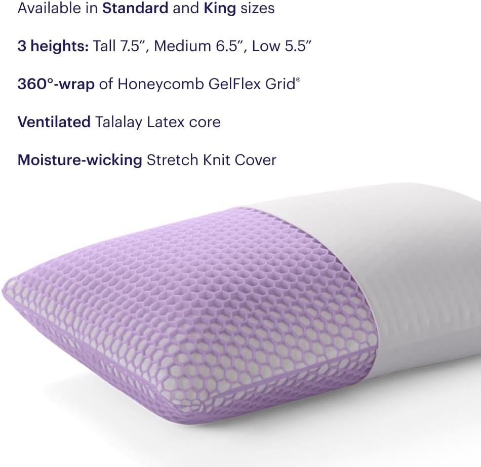 Purple Harmony Pillow – Talalay Latex Foam Cooling Pillow for Combo or Side Sleepers, 360º Hex GelFlex Grid for No-Pressure Support and Luxurious Weightless Feel - Standard, Medium Feel, Med Height