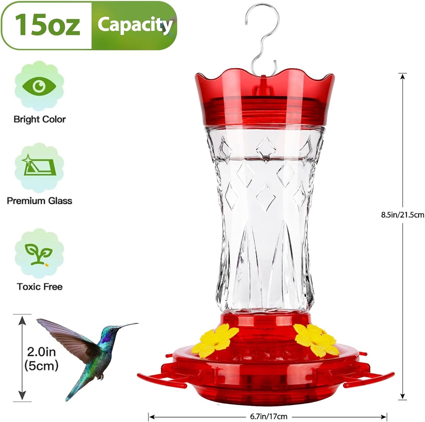 Hummingbird Feeders for Outdoors Hanging, BOLITE Glass Hummingbird Feeder, 4 Bee Guard Feeding Ports, Built-in Ant Moat, Leak Proof, 15 Ounces, Stars Decor, Red, 2 Pack, Gifts for Women Men