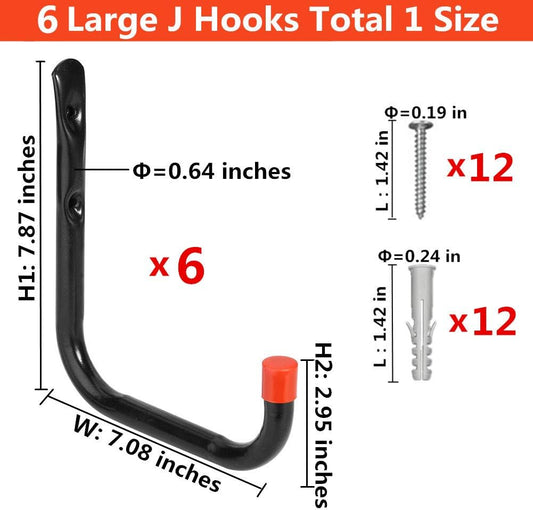 Heavy Duty Garage Storage Utility Hooks Wall Mounted Tools Hangers Organizer (6 Pcs Black 7.1" Large J Hook)