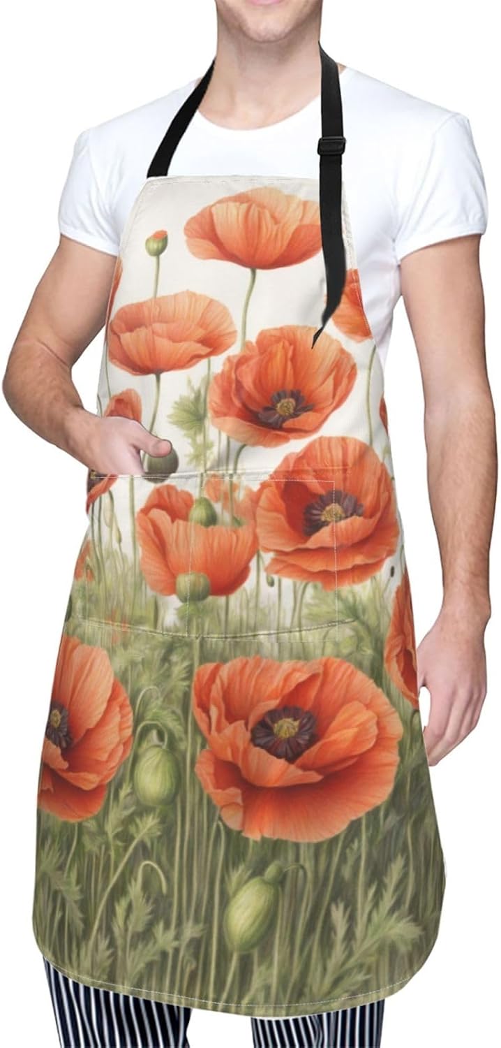 poppy flowers Print Laundry apron 28x33 In Waterproof Kitchen Apron with Pockets for Cooking Baking