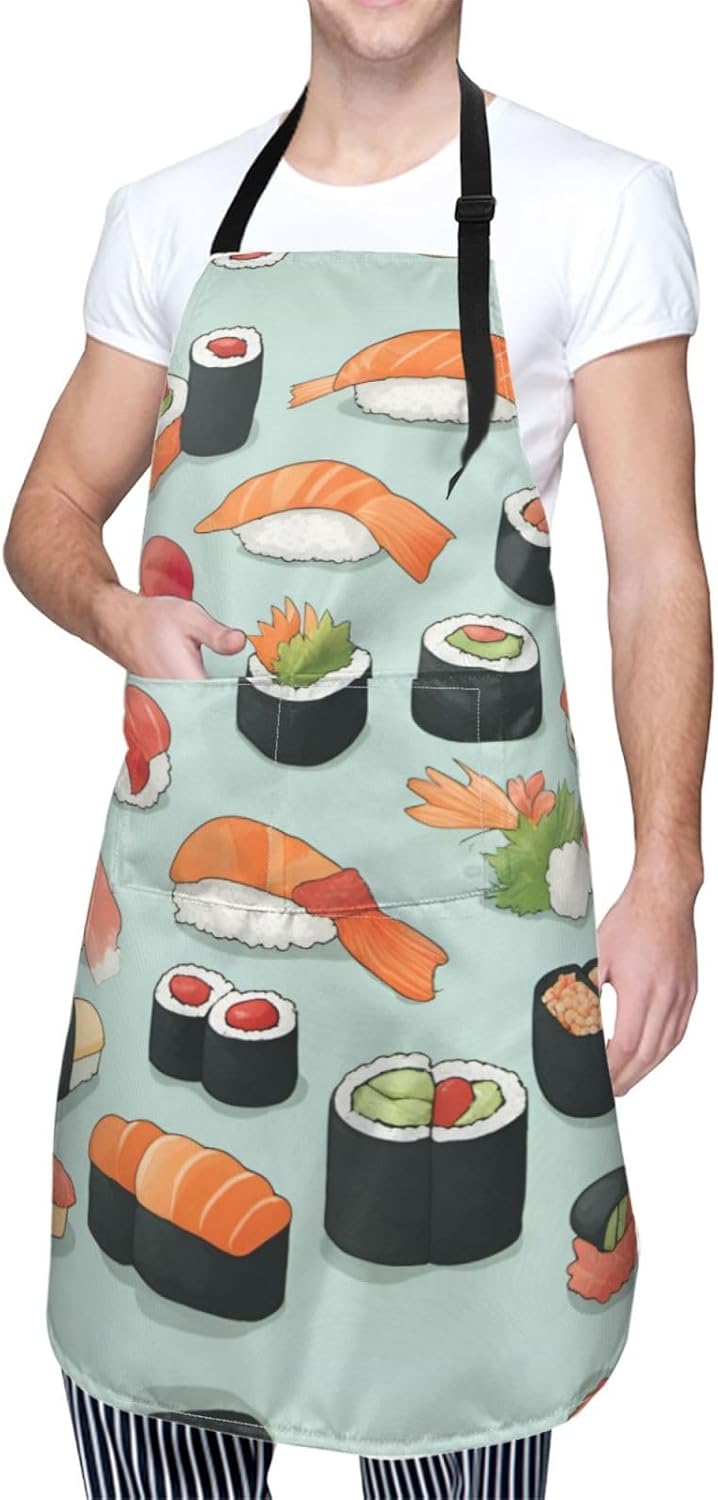 Delicious sushi print Waterproof chef's apron with pocket apron for kitchen cooking baking barbecue and gardening